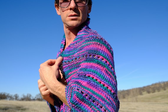 Hand-knit Shrug Pink and Green Stripes S
