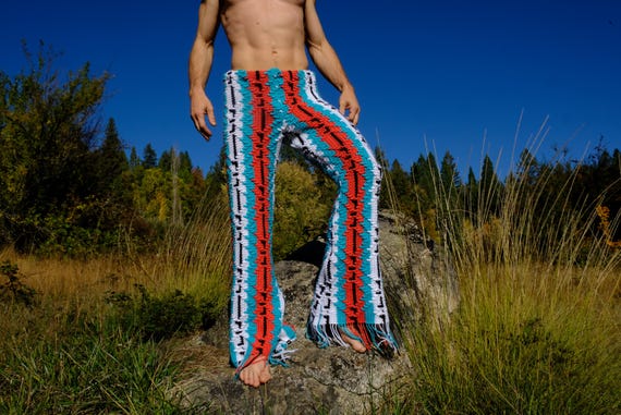 Crochet Pants Red Turquoise Black Stripe Raised 3D Pattern L