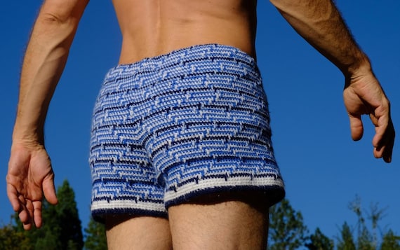 Crochet Booty Shorts Blue Black OpArt Style Super Soft M