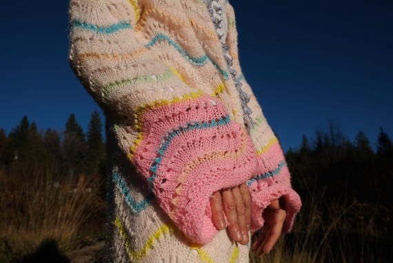 Rainbow Knit Robe Pastel Waves and Pink Sleeves L