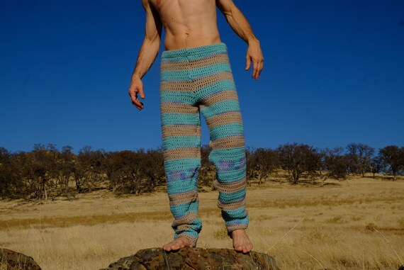 Crochet Pants Greige and Turquoise Stripes Comfy M