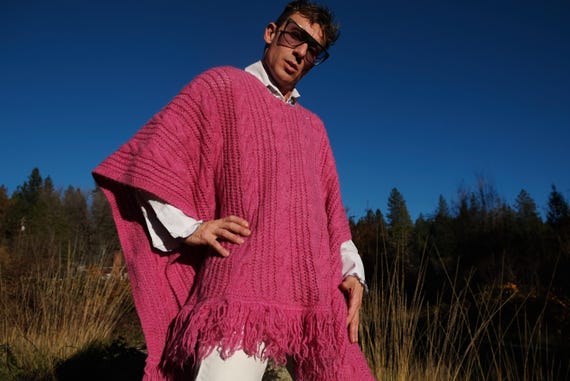 Knit Poncho Fuchsia Cable Knit Fringe 100% Wool