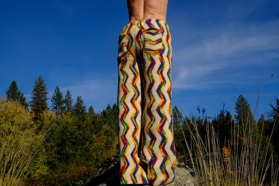 Crochet Pants Rainbow Wool ZigZags Butt Pockets XXL