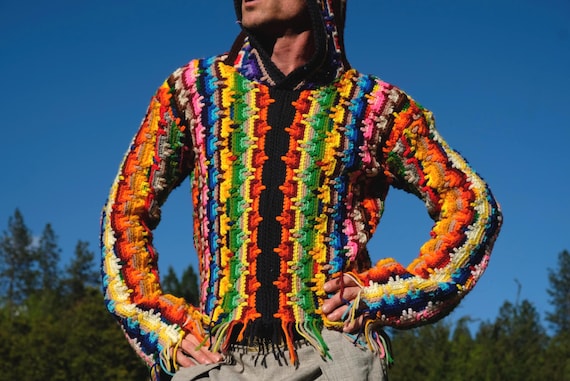 Crochet Hoodie Aztec Rainbow Tetris Stripes M
