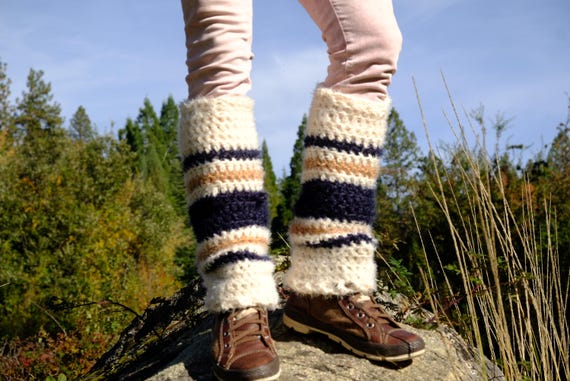 Crochet Legwarmers Ivory Stripe Ultra Fluffy Soft Knee Length