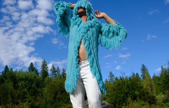 Crochet Robe Turquoise Knit Tons of Fringe