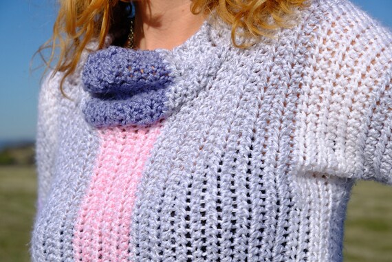 Crochet Crop Top Purple Stripes on Gray Turtleneck