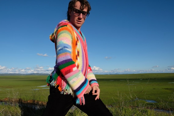 Crochet Sweater Hoodie Multicolor Neon Stripes UV Light S