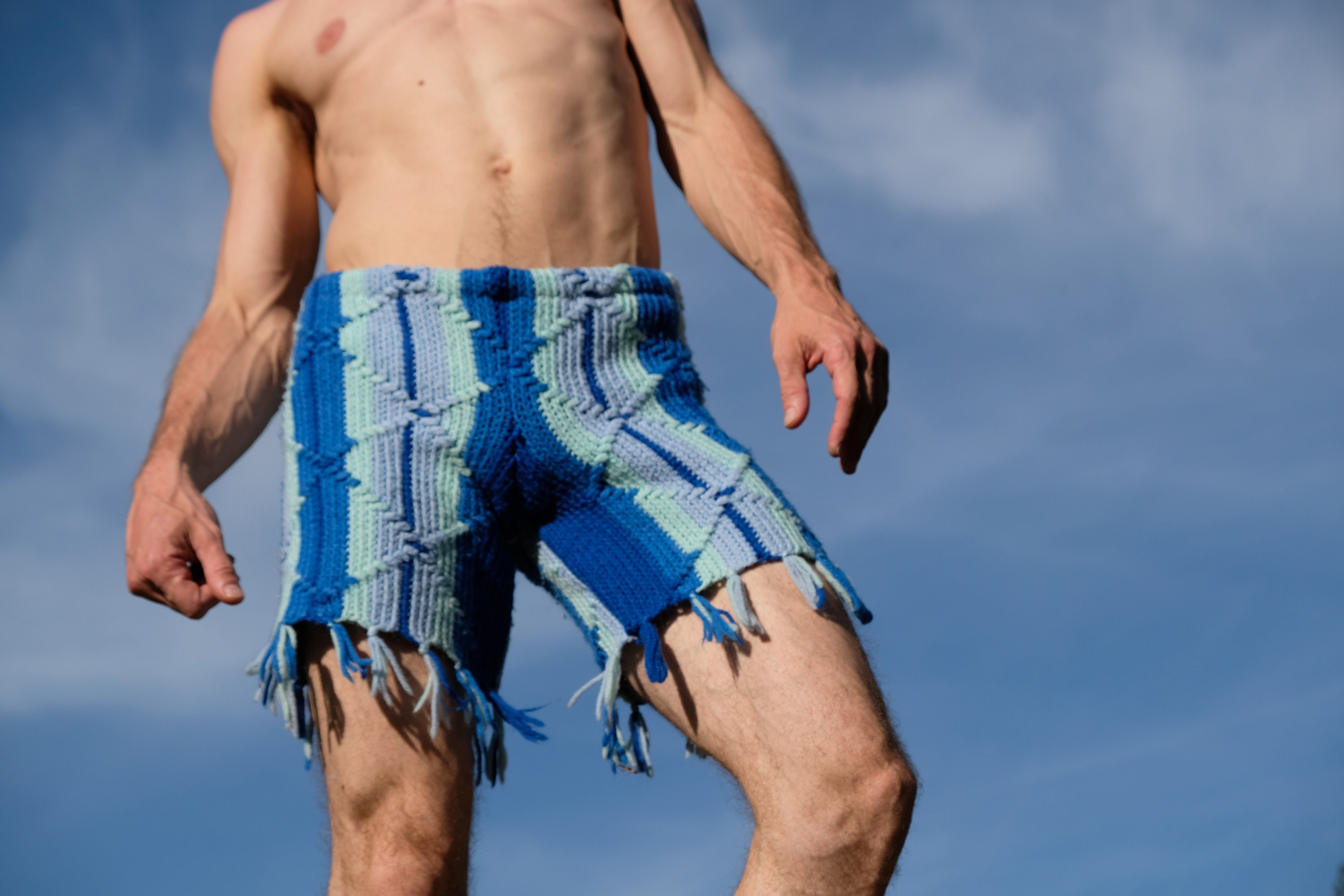 Crochet Shorts Blue Stripes and Tassels S