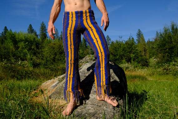 Crochet Pants Gray Blue and Yellow Stripes Elastic Waist Fringe S