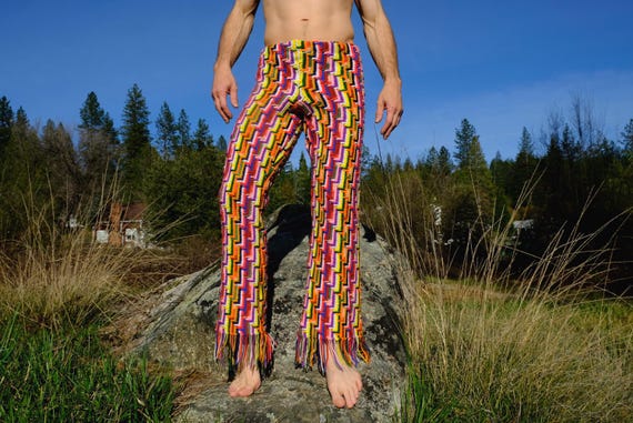 Crochet Pants Rainbow Tetris Stripe and Fringe S