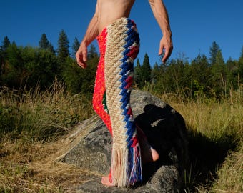 Crochet Pants Red Beige and Blue Interference Flares with Fringe S