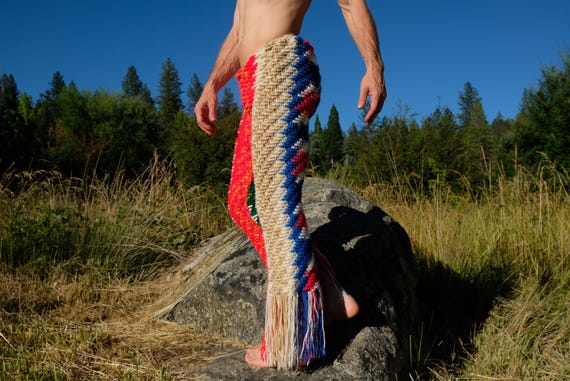 Crochet Pants Red Beige and Blue Interference Flares with Fringe S