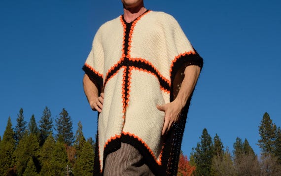 Crochet Poncho Orange and Black on White Panels L