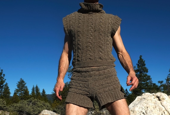 Knit Suit 2 Piece Shorts and Turtleneck Olive Velour M