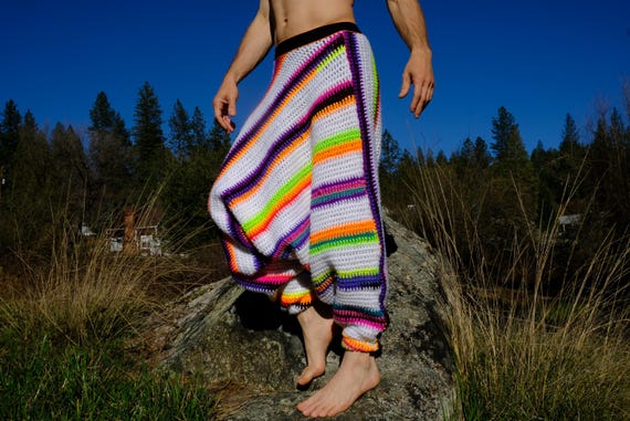 Crochet Harem Pants Neon Stripe on White M