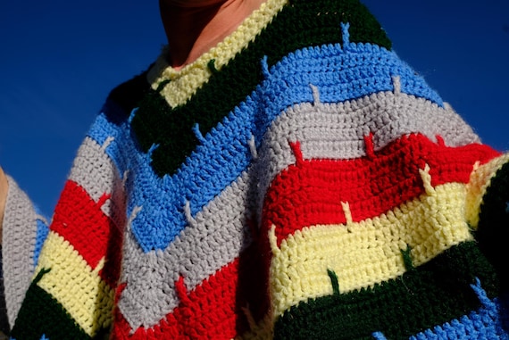 Crochet Poncho Concentric Rainbow Stripes M
