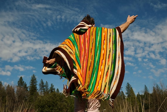 Crochet Poncho Hoodie Variegated Southwest Stripes L