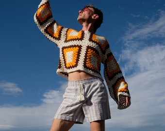 Crochet Top Orange Squares on Ivory M