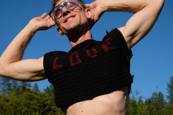 Crochet Crop Top LOVE Burgundy Lettering on Black S