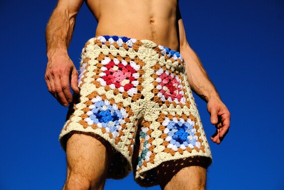 Crochet Shorts Stained Glass Granny Squares on Ivory L