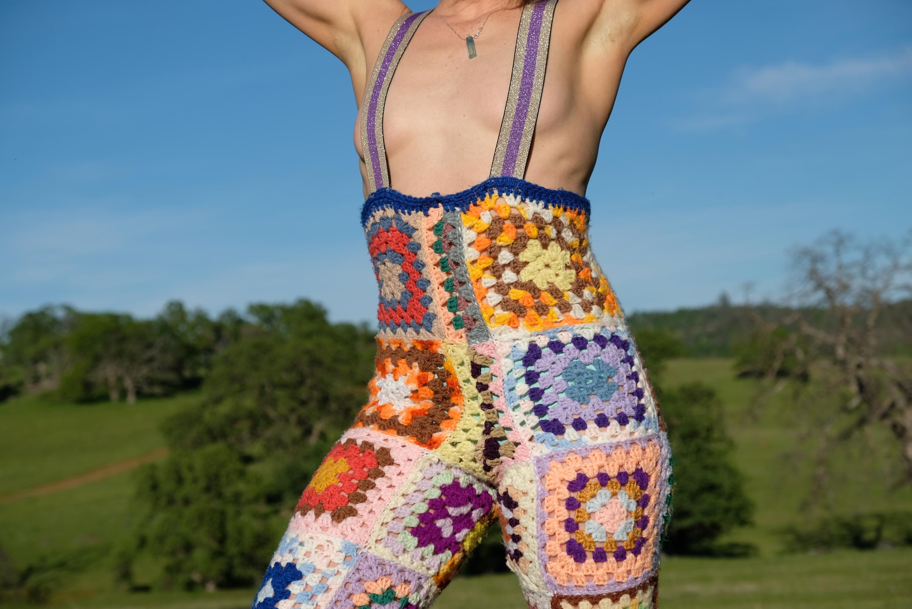 Crochet Overalls Multicolor Squares and Elastic Straps S (Topless