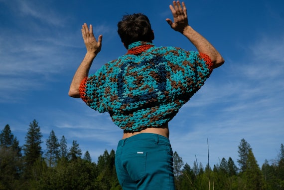 Crochet Shrug Turquoise and Rust Ultra Fluffy M