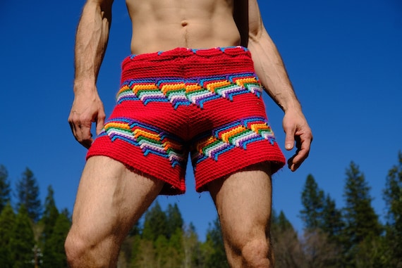 Crochet Shorts Red and Rainbow Stripe M