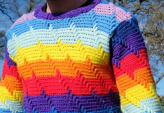 Crochet Pullover Rainbow Stripes M