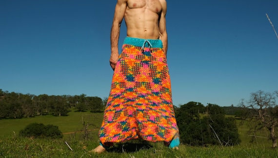 Crochet Pants Drop Crotch Pink Orange Interference Pattern with Blue M
