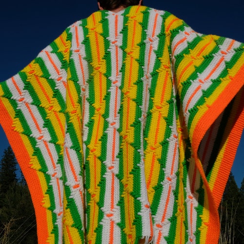 Crochet Poncho Bright Orange shops and White Stripes XL