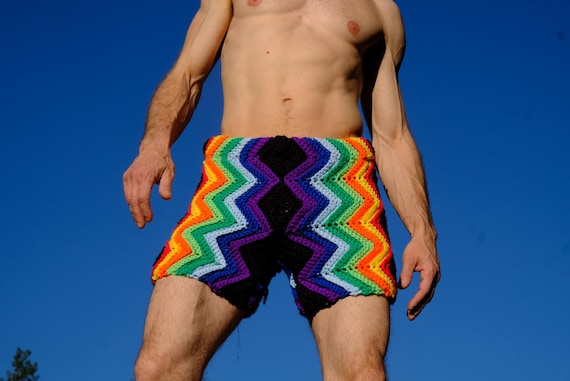 Crochet Shorts Rainbow ZigZag Stripes on Black M