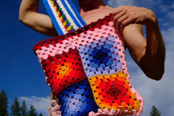 Crochet Tote Bag Granny Squares and Rainbow Strap