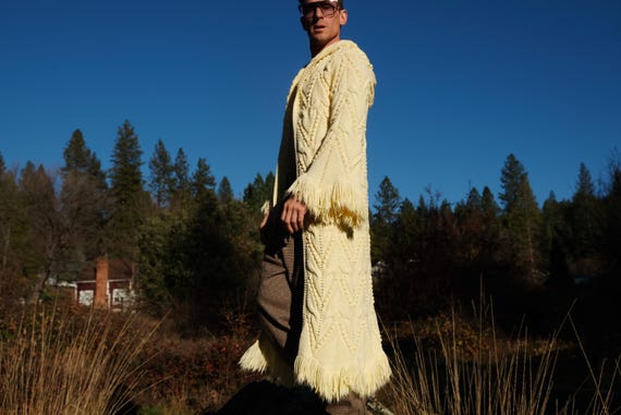 Knit Robe Ivory Interlocking Hearts Full Length Fringe M