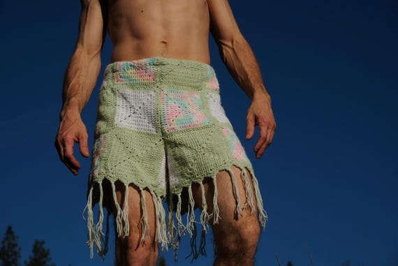 Crochet Shorts Pastel Squares and Fringe XL
