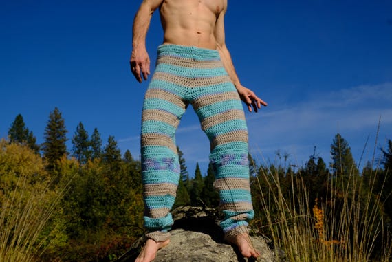 Crochet Pants Greige and Turquoise Stripes Comfy UltraSoft 4M