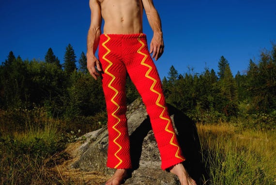 Crochet Pants Yellow Stripe on Red Lightning XS