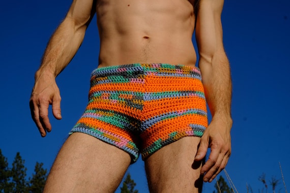 Crochet Booty Shorts Orange Stripes and Turquoise Elastic Waist S