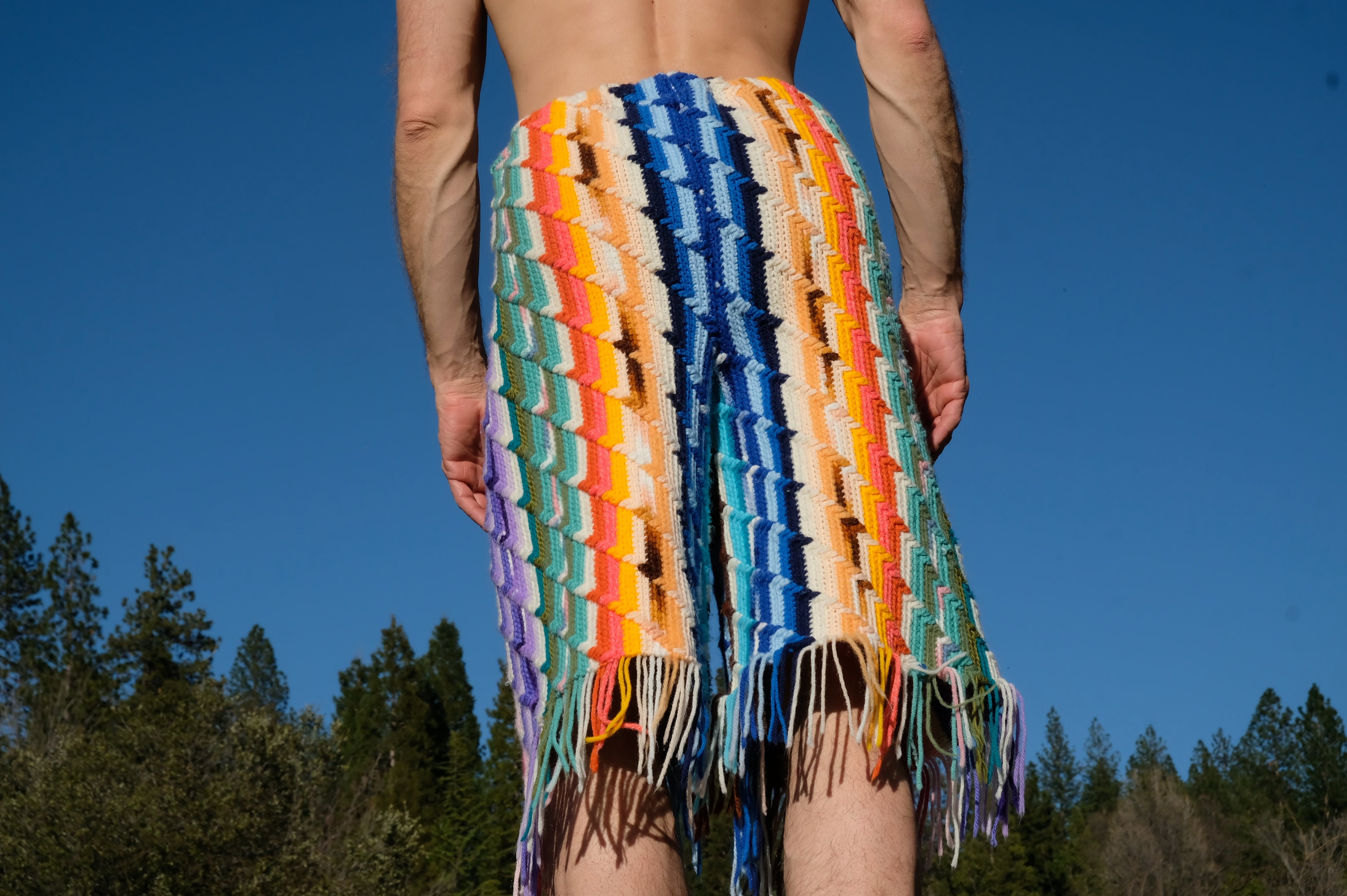 Crochet Shorts Rainbow Psychedelic Stripes with Fringe L