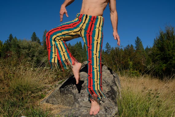 Crochet Pants Red Yellow Green and Black Raised Diamond Psychedelic OpArt M