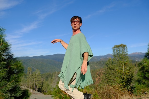 Knit Poncho Soft Sage with Tassels