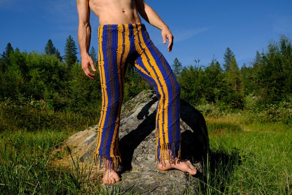 Crochet Pants Gray Blue and Yellow Stripes Elastic Waist Fringe S