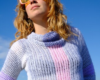 Crochet Crop Top Purple Stripes on Gray Turtleneck