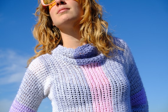 Crochet Crop Top Purple Stripes on Gray Turtleneck