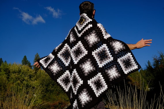 Crochet Cape Black and White Squares, Lace Up Front and Collar Any Size