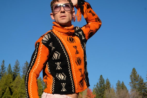 Knit Sweater Wool Diamonds Black and Orange Turtleneck XS