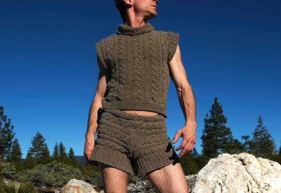 Knit Suit 2 Piece Shorts and Turtleneck Olive Velour M