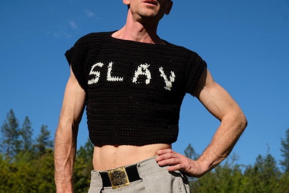 Crochet Crop Top SLAY White Lettering on Black S