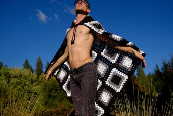Crochet Cape Black and White Squares, Lace Up Front and Collar Any Size