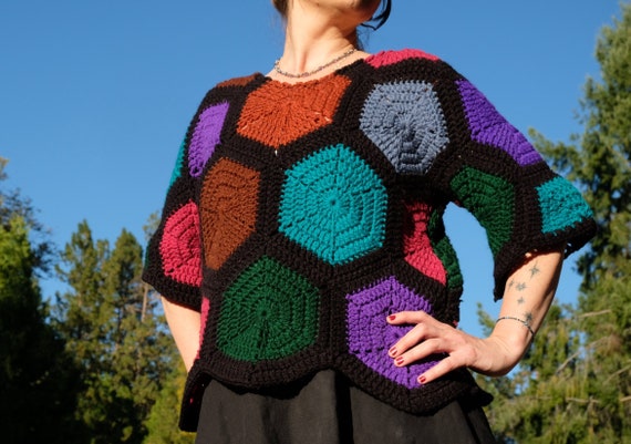 Crochet Sweater Black Honeycomb Goth Hexagons M